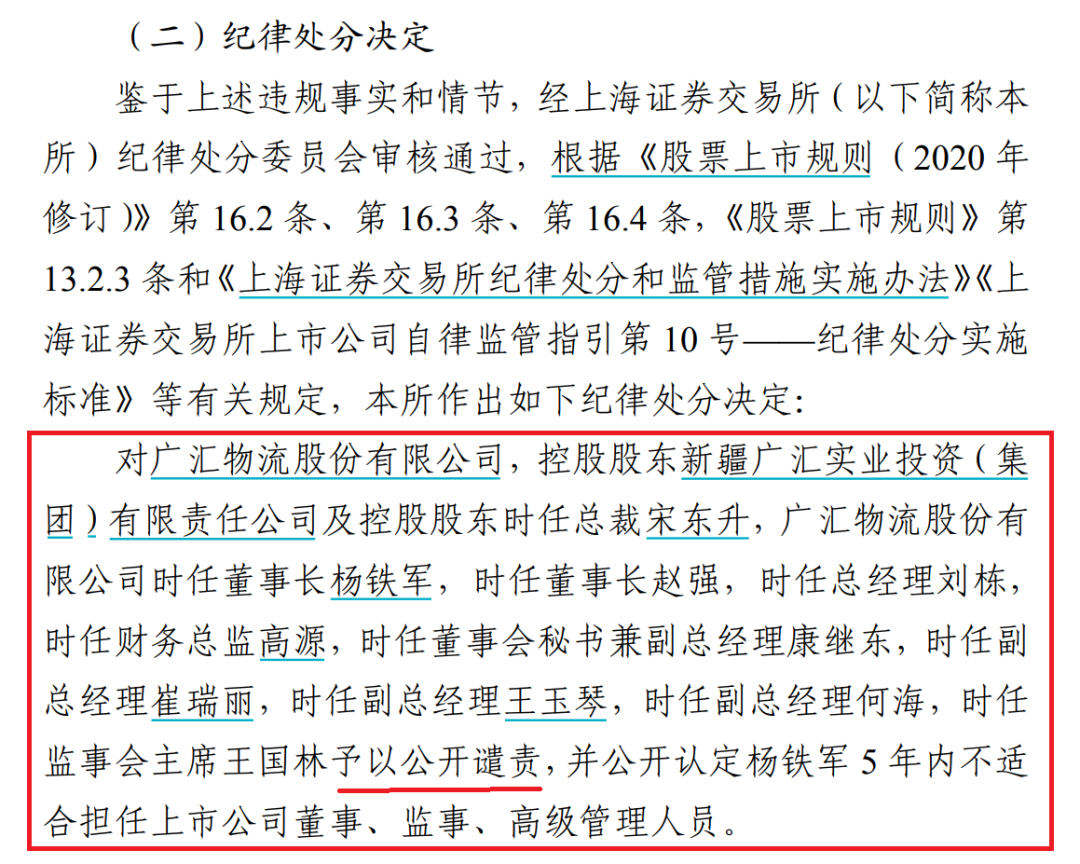 上交所决定，对ST广物及时任董事长杨铁军等予以公开谴责